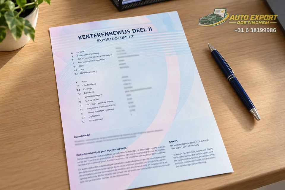 Kentekenbewijs deel II, het exportdocument voor een auto uit Doetinchem, op de balie van Auto Export Doetinchem
